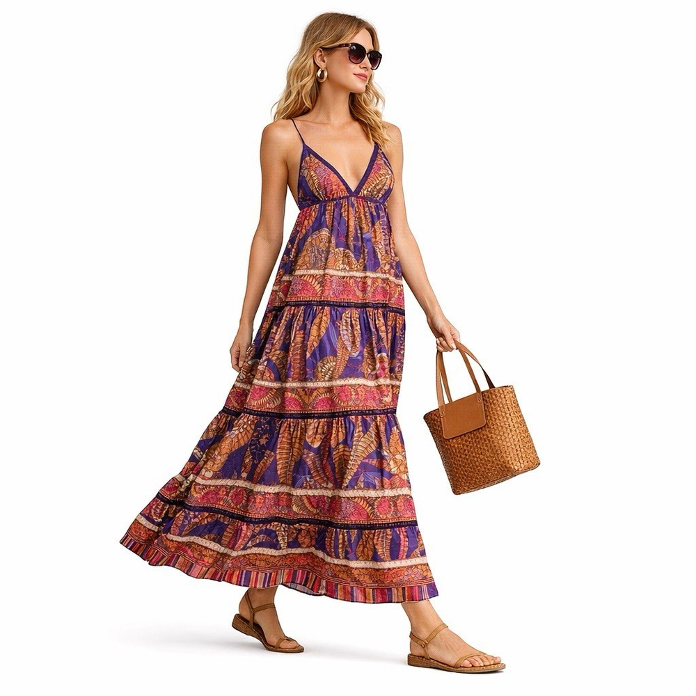 NWT Farm Rio Blue Forest Mosaic Maxi Dress Size:L Boho Tiered V Neck MSRP:$230